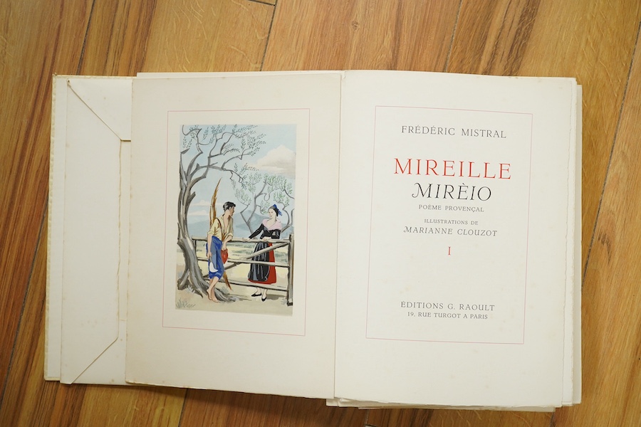 Mistral, Frédéric - Mireille Mireio: poeme provencale ... 2 vols. Limited Edition (of 724 numbered sets). num. coloured illus. (by Marianne Clouzot); the sections loose within paper covers, gilt lettered on spines, and i